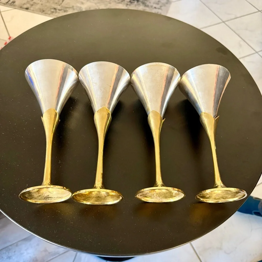 4 Wine goblets Silver Plate, brass stems. Vintage sculptural mid century modern